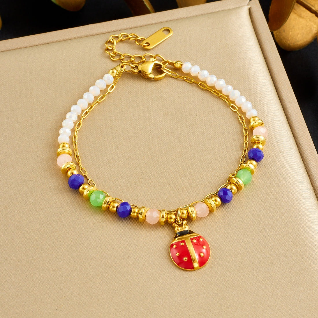 Sweet Bohemian Rainbow Plated Stainless Steel Beaded Bracelet with Strawberry and Ladybug Charms