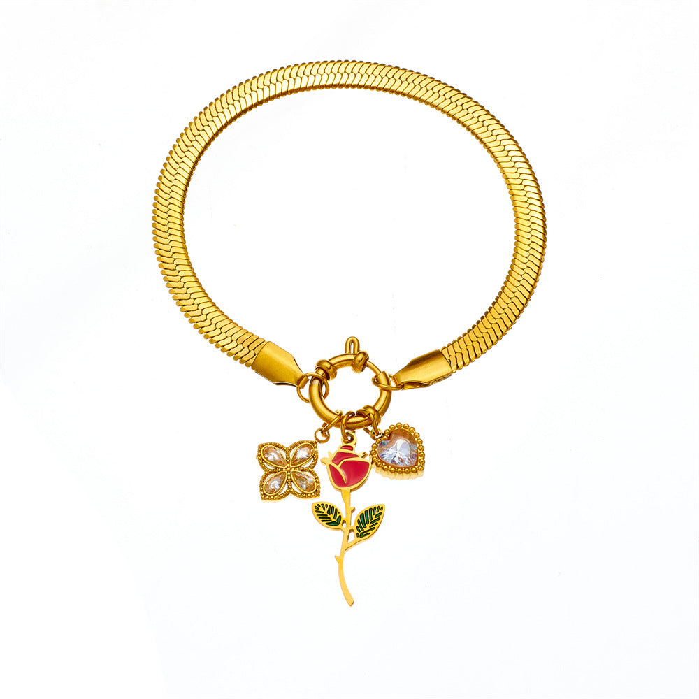 Fashionable Floral Rose Gold-Plated Stainless Steel Heart-Shaped Four-Petal Rose Pendant Snake Chain Bracelet for Women