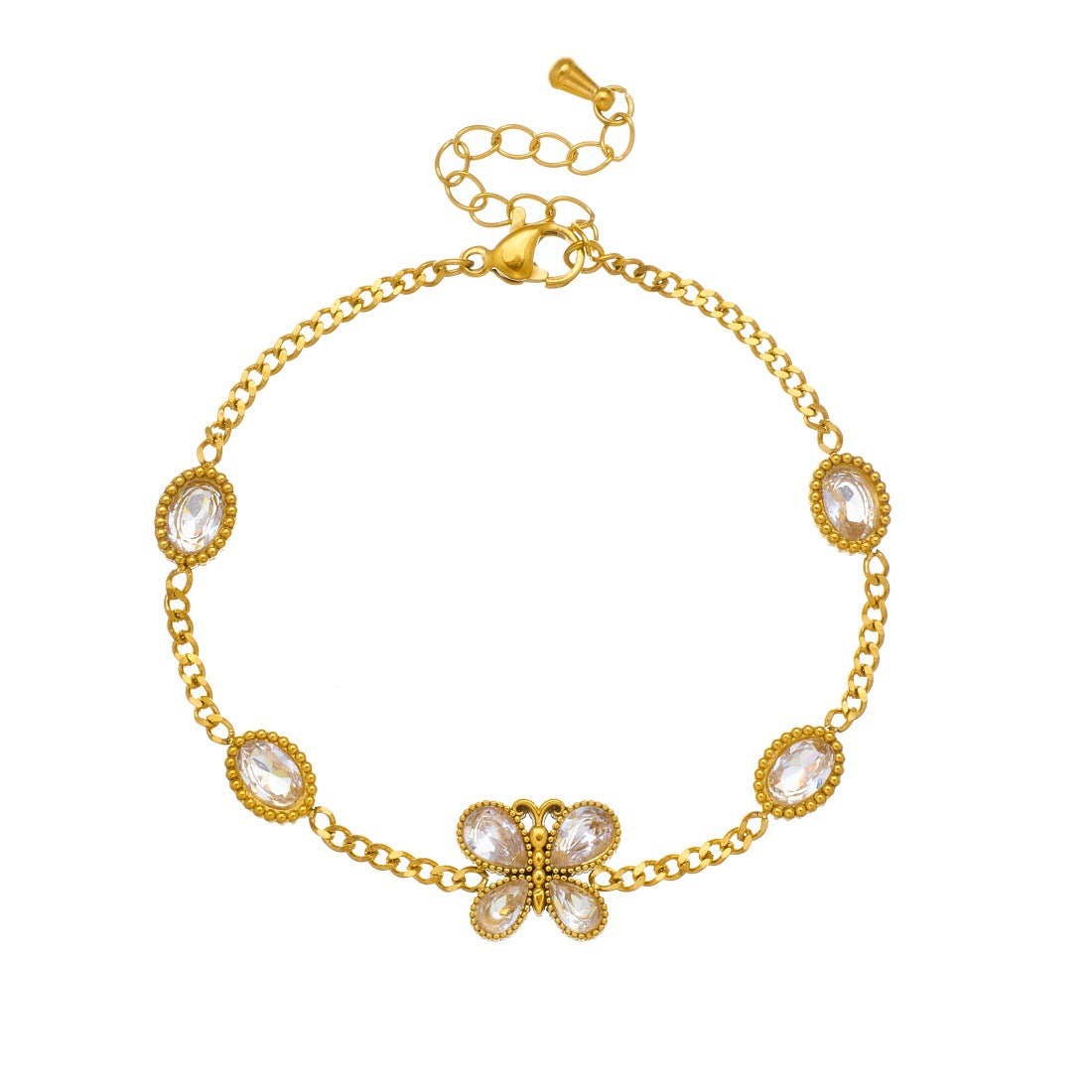 Minimalist Sweet Gold Plated Rhinestone Oval Butterfly Stainless Steel Bracelet
