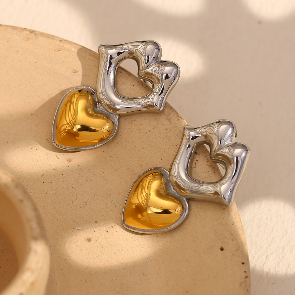 Fashionable Minimalist Geometric Stainless Steel Ear Studs with 18K Gold Plated Lips and Heart Design for Women