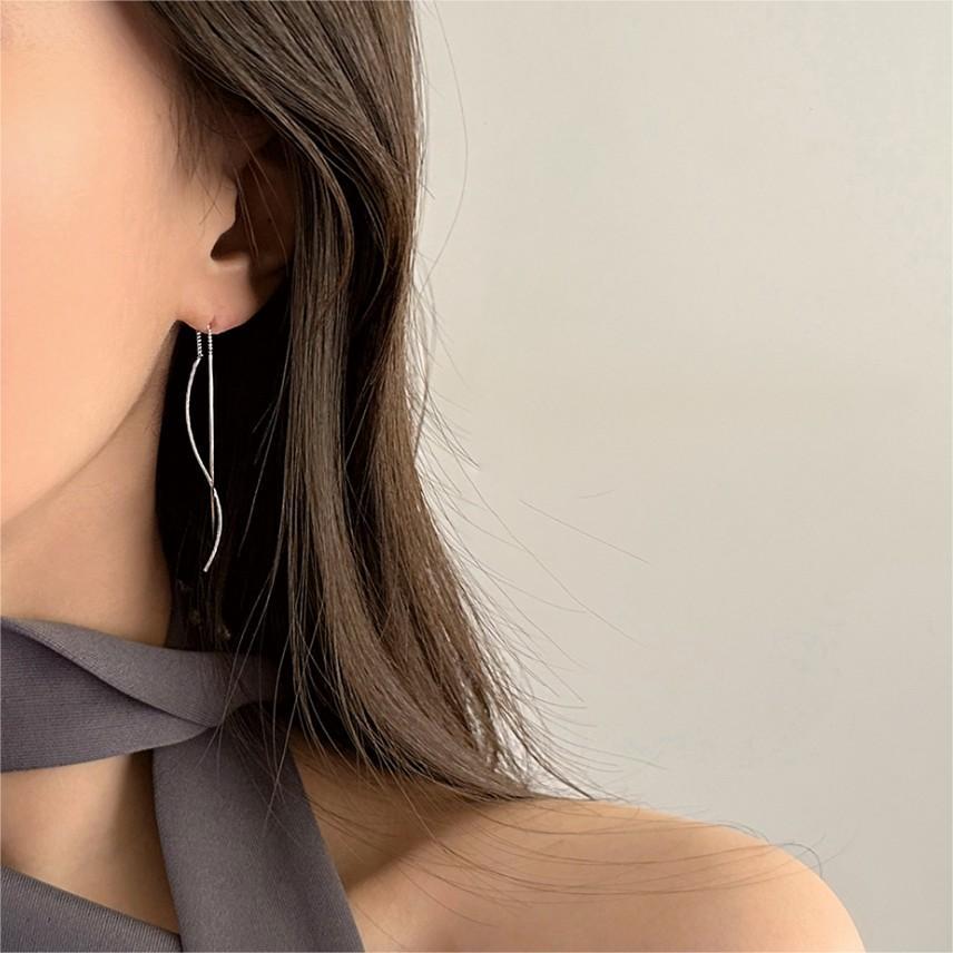 Pendientes Largos Colgantes de Plata de Ley 925 Minimalistas con Forma de Ola para Mujer
