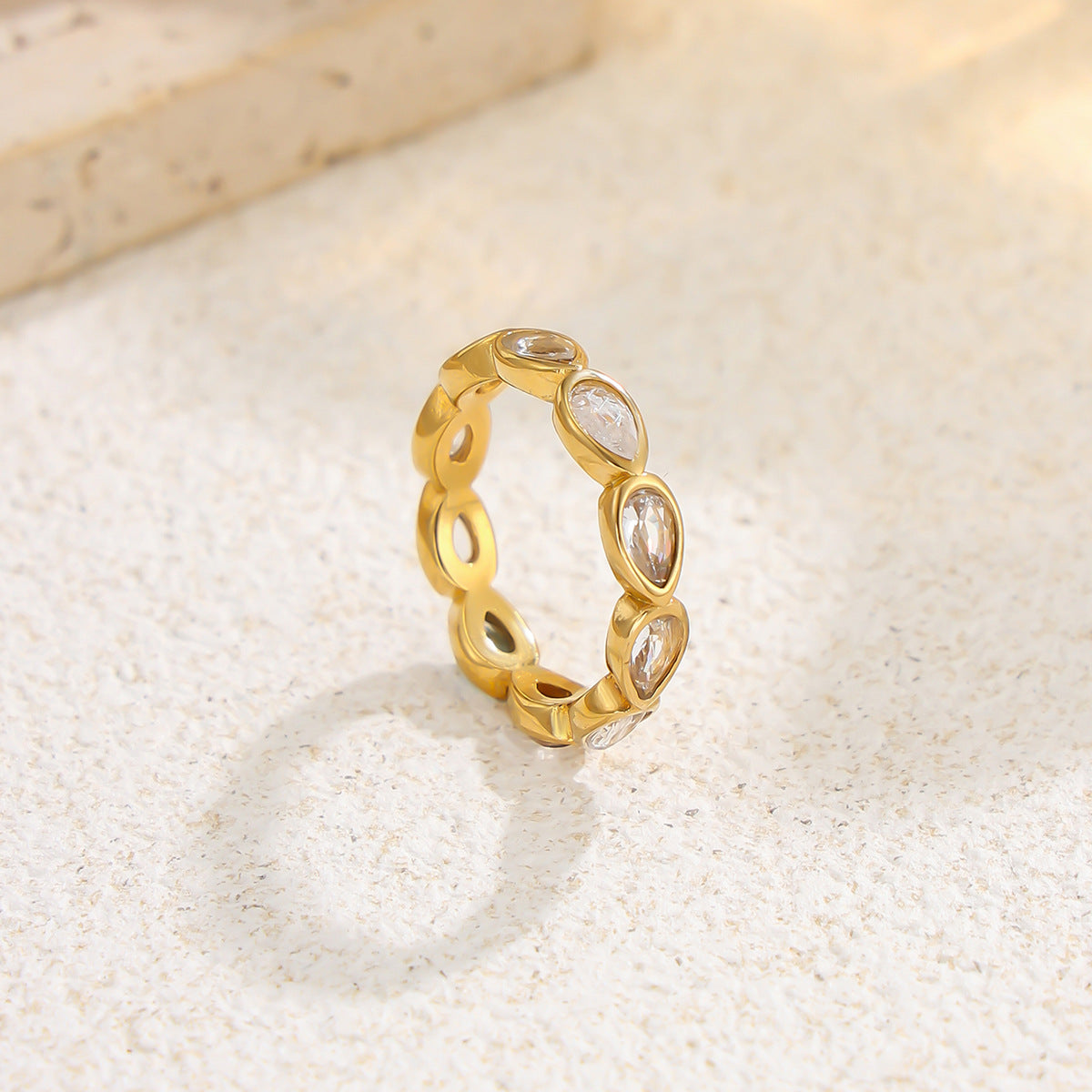 Luxury 18K Gold Plated Stainless Steel Square Round Micro Pave Cubic Zirconia Ring for Women