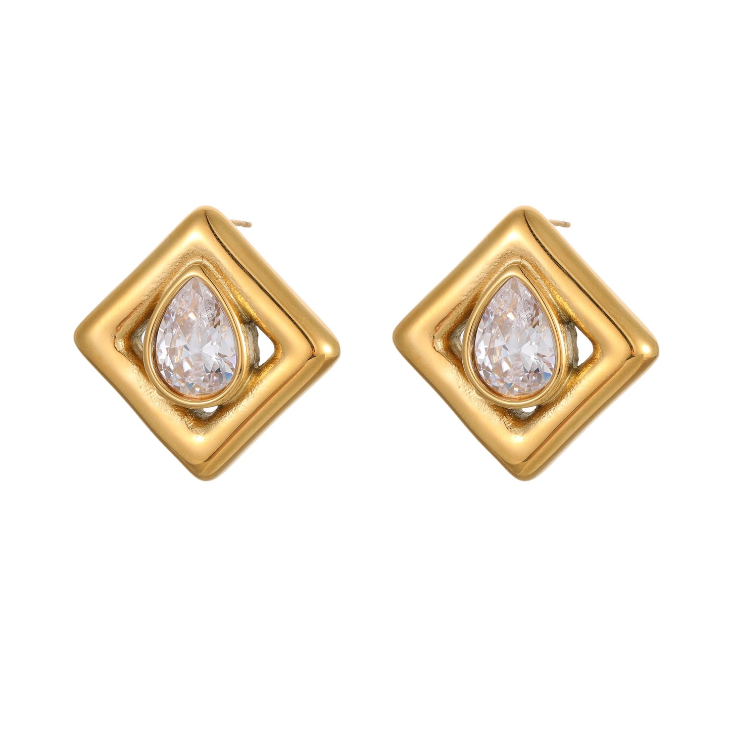 Orecchini a perno geometrici alla moda in acciaio inossidabile con placcatura in oro 18 carati e intarsio a goccia di zircone da donna