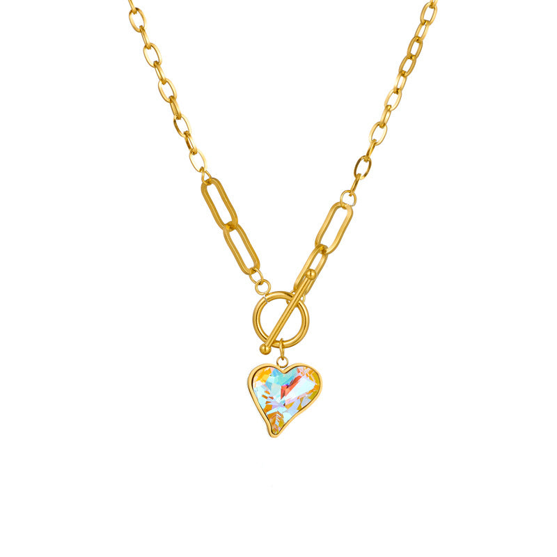 Collar con colgante de corazón de cristal iridiscente facetado de inspiración vintage con cadena de serpiente de acero inoxidable para mujer