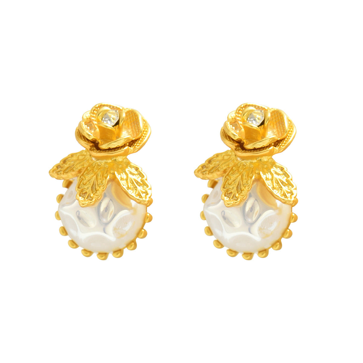 Aretes elegantes de pétalos de rosa floral en cobre con incrustaciones de circonita para mujer