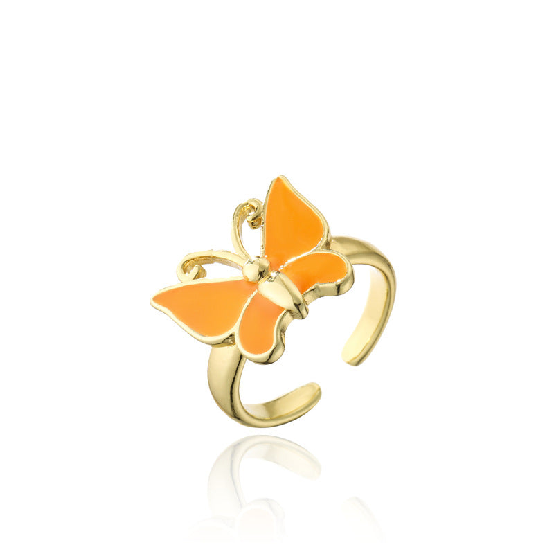 18K Gold Plated Brass Drip Oil Butterfly Open Ring for Women
