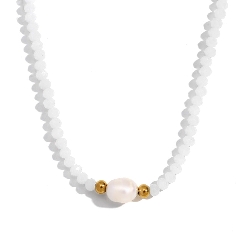 Fashionable Vintage Geometric Stainless Steel Pendant Necklace with Freshwater Pearl and Light Crystal Beads for Women