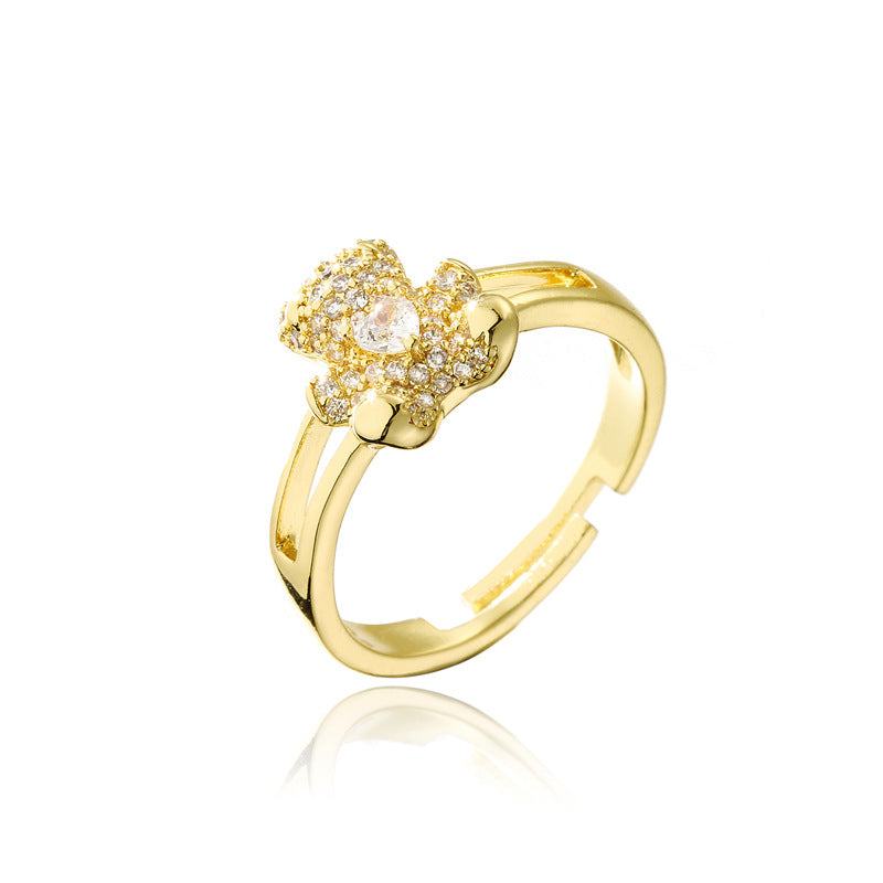 18K Gold Plated Brass Micro-Inlaid Cubic Zirconia Bear Ring Adjustable Open Design for Women