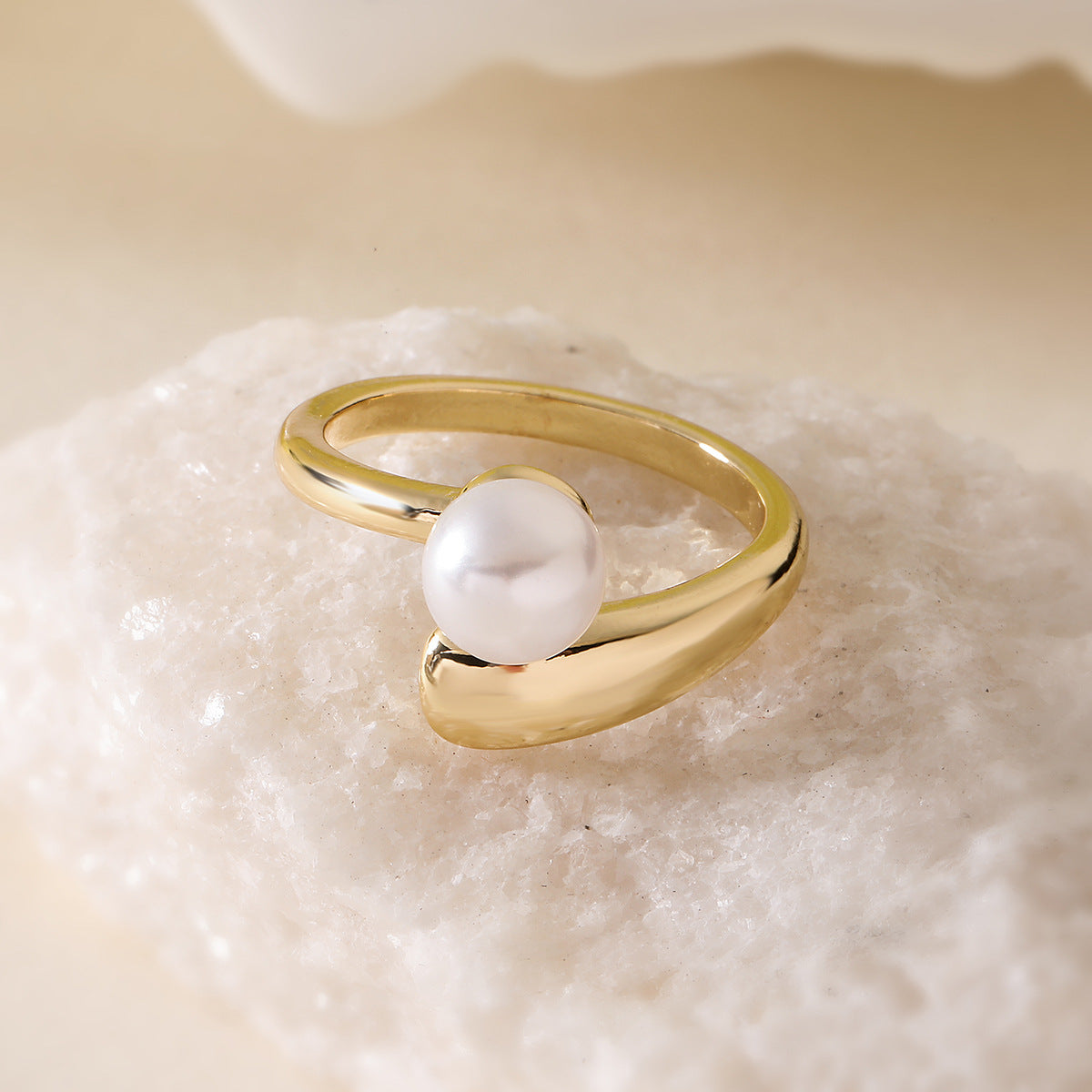 Geometric Open Ring for Women with Copper Base Plated in 18K Gold Featuring Zircon and Pearl Accents Minimalist Fashion Accessory