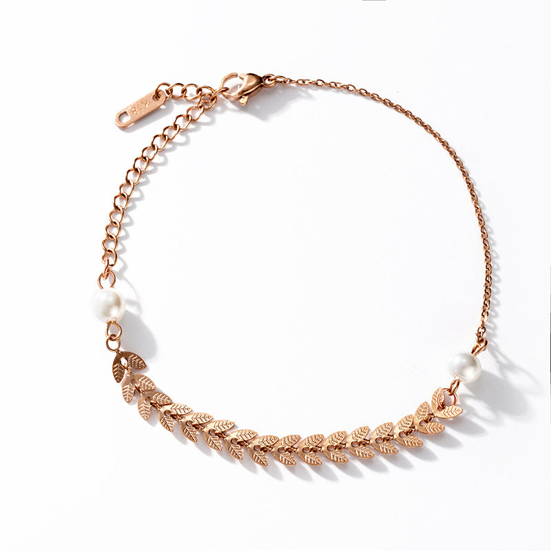 Minimalist Geometric Titanium Steel Bracelet with Pearl Accents for Women, Electroplated Luxury Hand Jewelry