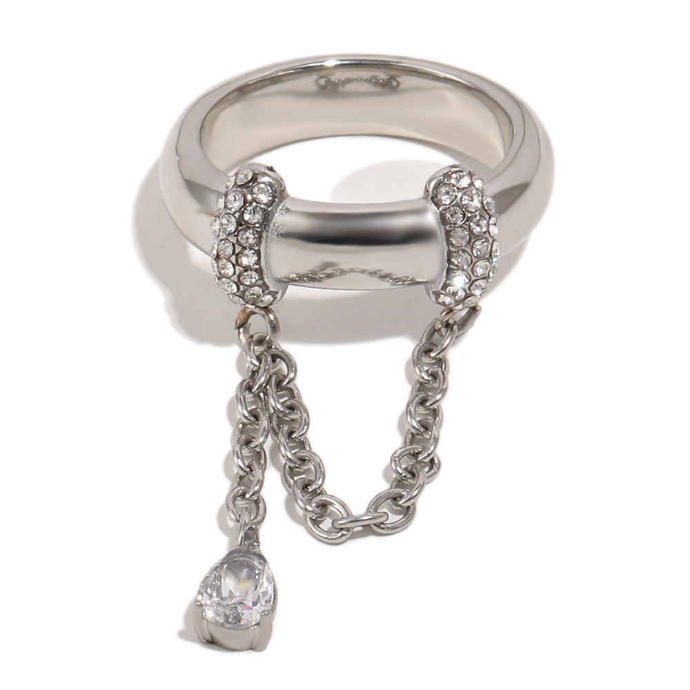 Minimalist Luxury 18K Gold Plated Stainless Steel Geometric Teardrop Ring with Cubic Zirconia and Tassel Chain for Women