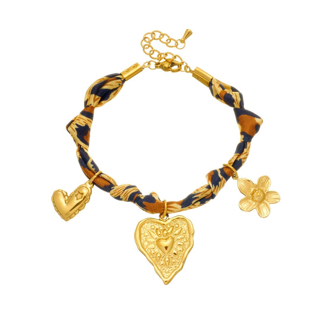 Vintage Bohemian Gold Plated Stainless Steel Rope Chain Bracelet with Leopard Print Floral Heart Pendant