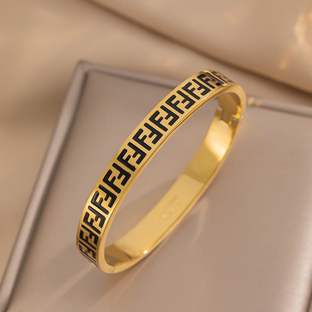 Minimalist Luxury F Letter Bracelet for Women in Titanium Steel with Enamel Finish and Star Accent