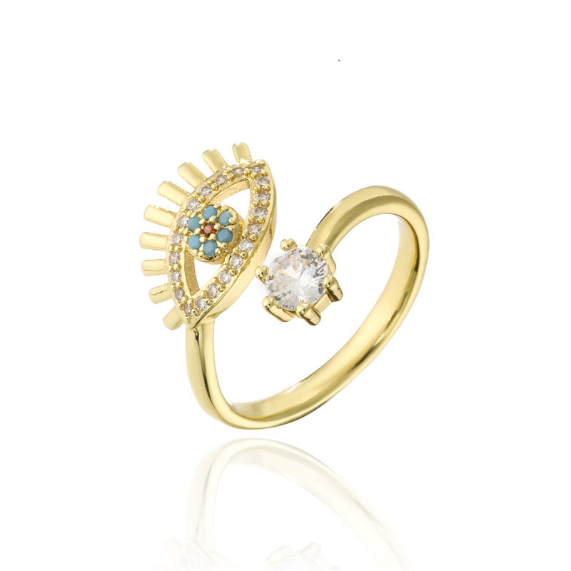 Geometric Micro-pavé Brass Ring for Women Adjustable Evil Eye Design