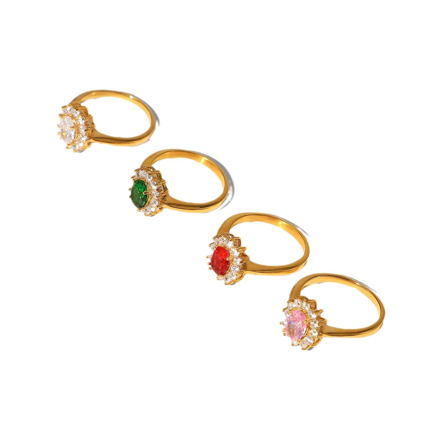 Trendy 18K Gold Plated Double Layer Oval CZ Ring Stainless Steel Bezel Set Women's Jewelry