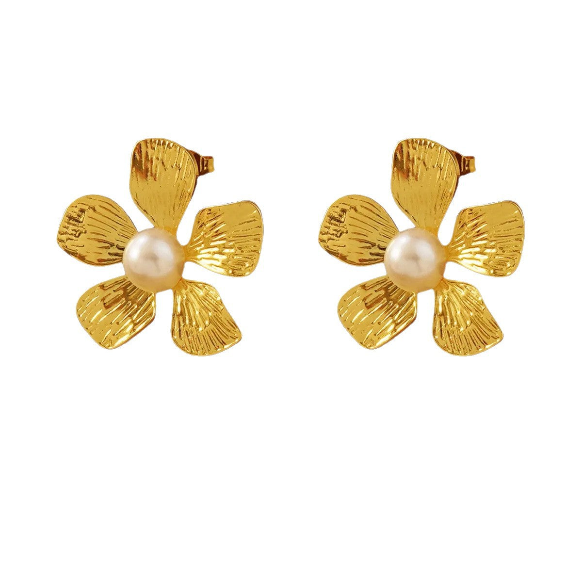 Sweet Floral Stainless Steel Earrings with White Pearl Inlay for Women