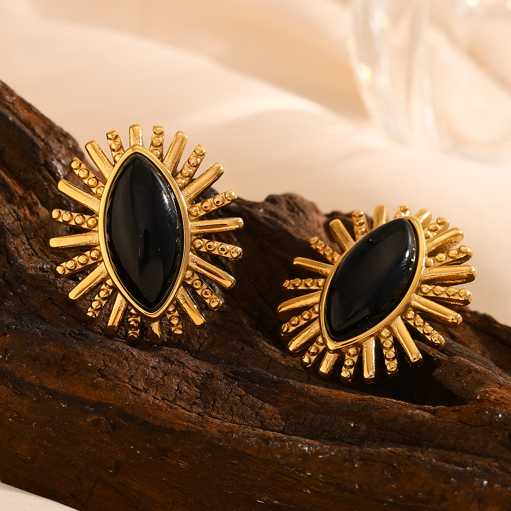 Orecchini a perno da donna con occhio geometrico in onice nero d'ispirazione vintage, in acciaio inossidabile placcato oro 18 carati