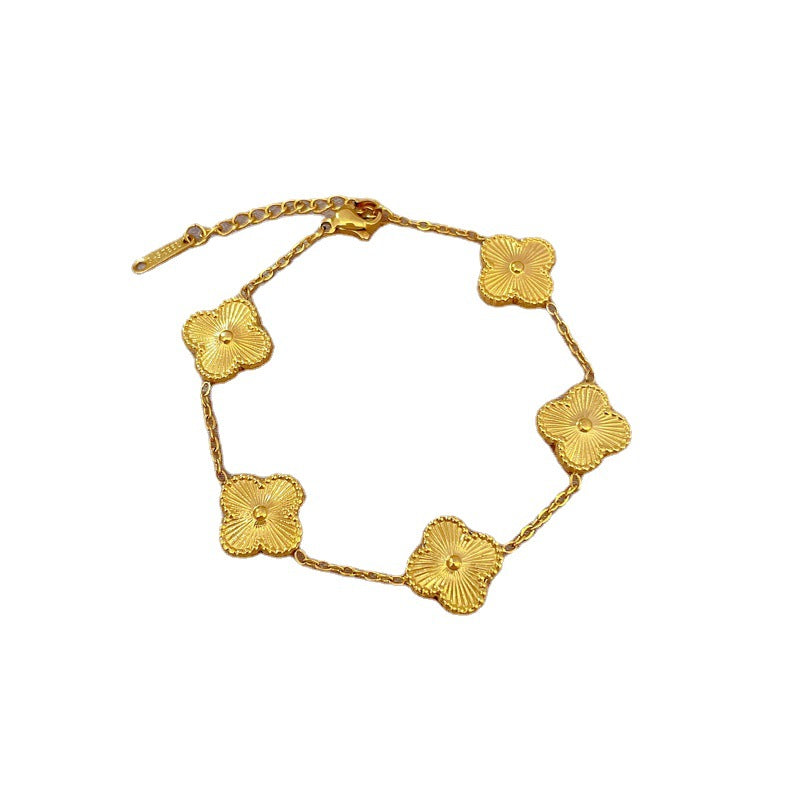 Vintage Minimalist Sweet Titanium Steel Box Chain Bracelet with Floral and Wavy Bean Pattern for Unisex