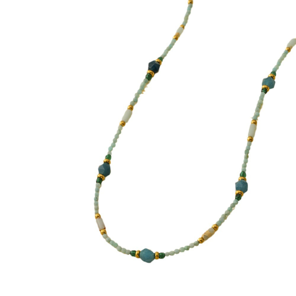 Collar estilo francés retro con piedra natural azul geométrica para mujer con acabado chapado y diseño de cuentas
