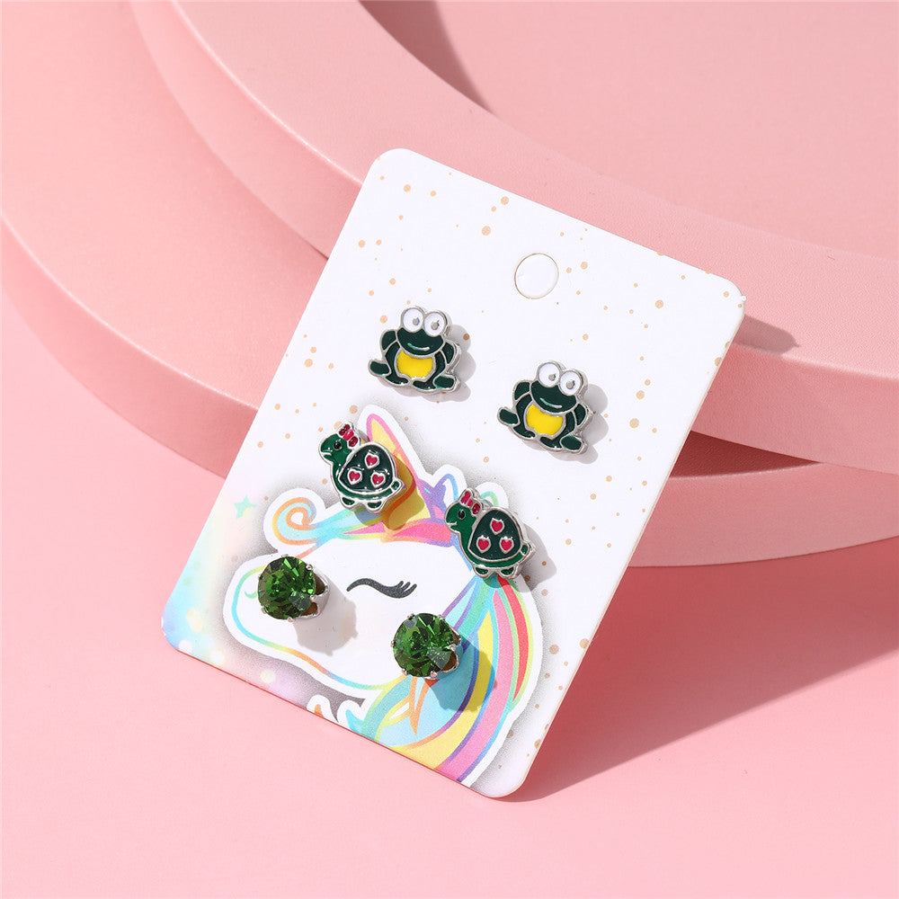 Juego de pendientes de unicornio de dibujos animados con arcoíris para niños, aleación con acabado esmaltado e incrustaciones de cristal rosa