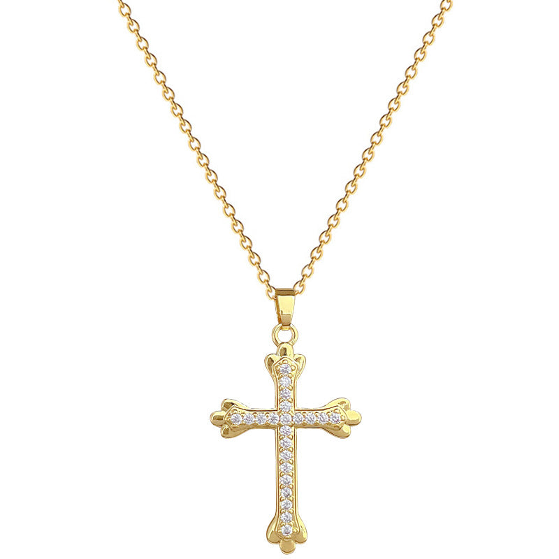 Collana con ciondolo a croce di lusso in acciaio inossidabile con intarsio completo di strass da donna, catenina delicata a forma geometrica
