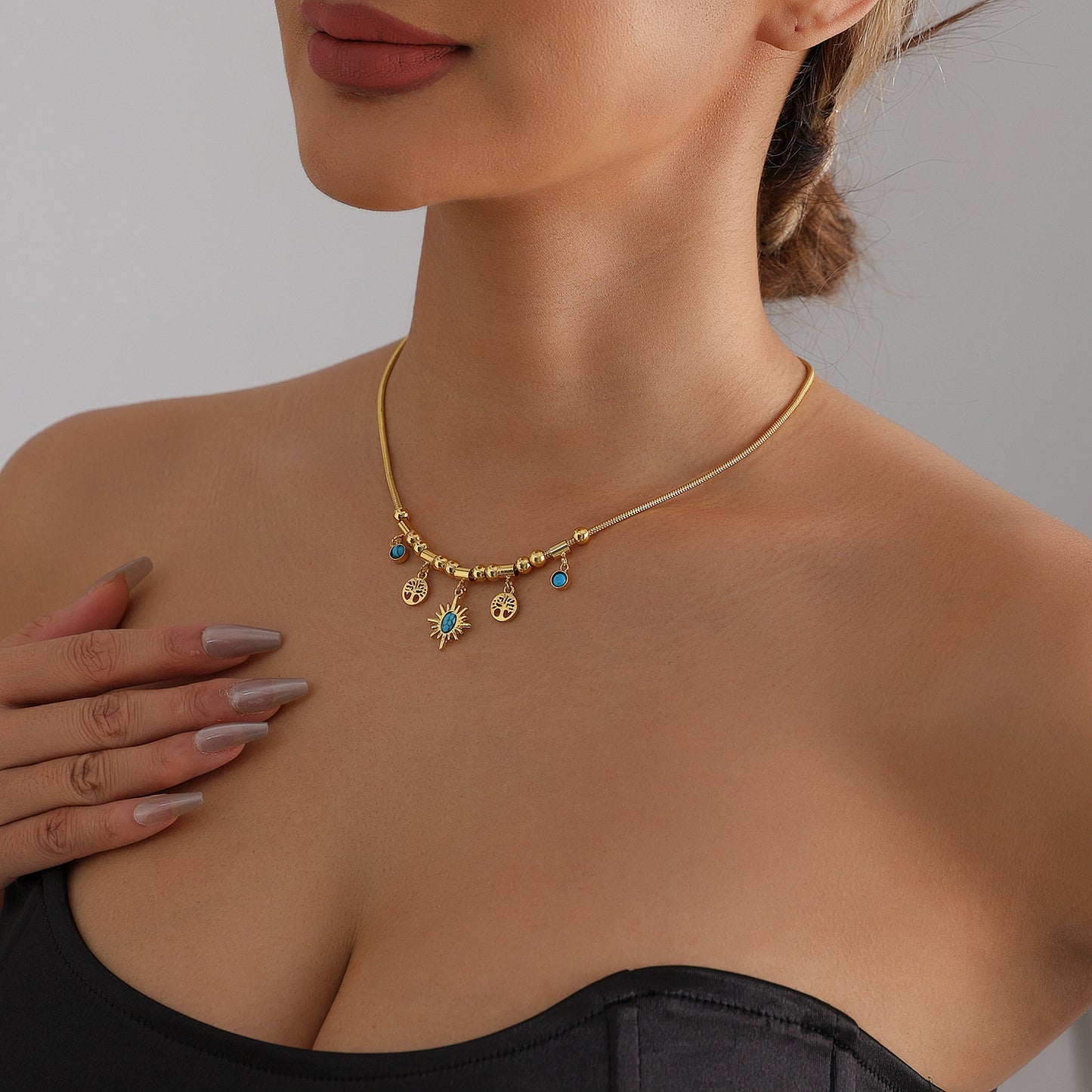 Bohemian Vintage Geometric Star Hollow Tree of Life Turquoise Inlay Alloy Necklace for Women
