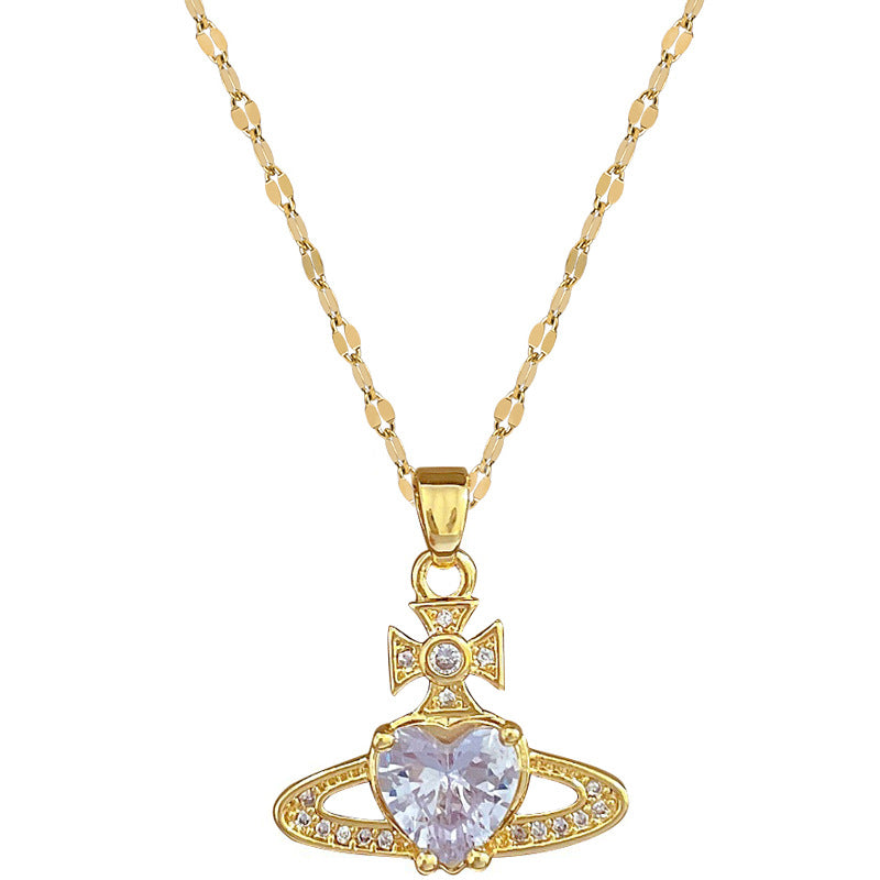 Collana con ciondolo a luna e cuore geometrico minimalista in acciaio al titanio con strass completi per uomo e donna