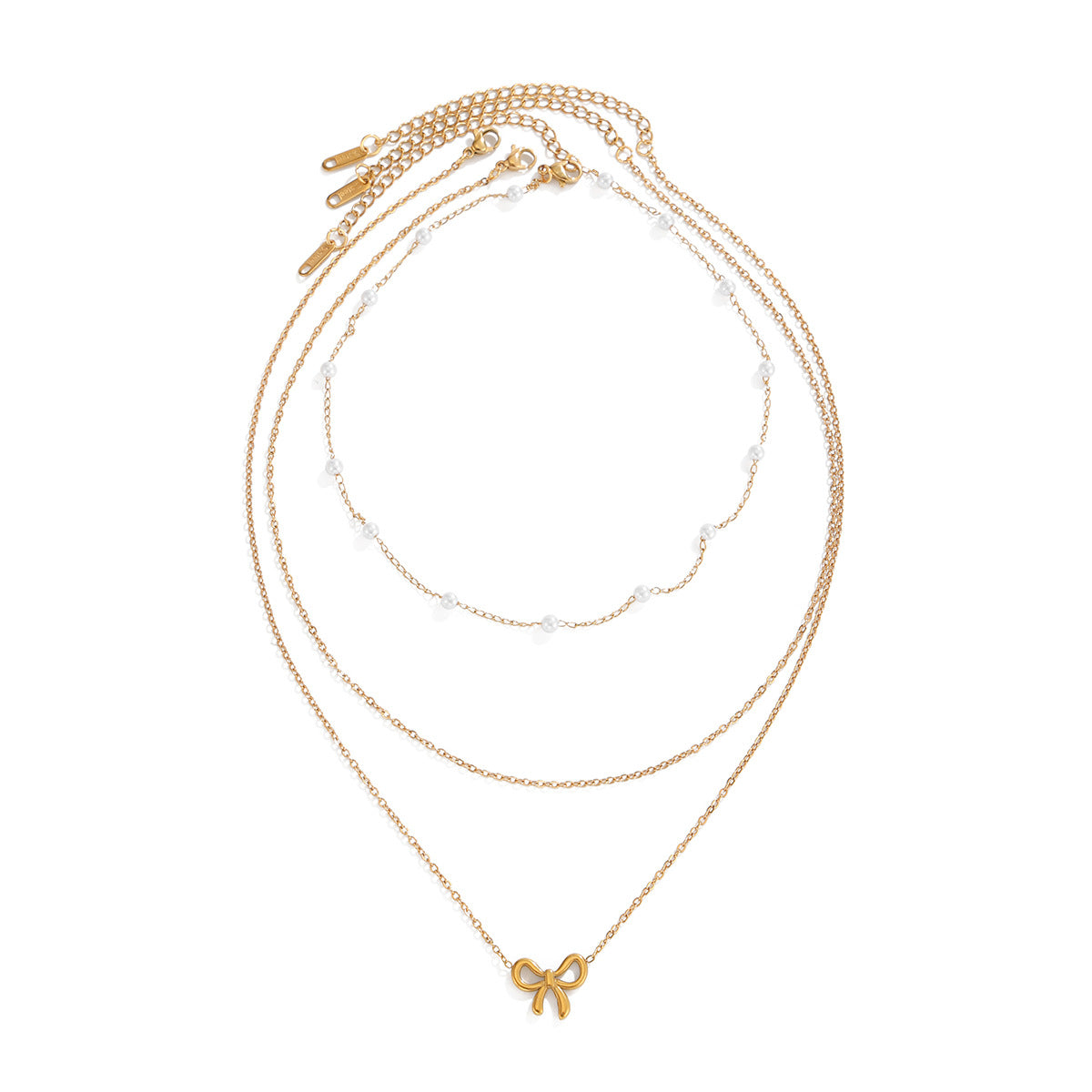 Sweet Faux Pearl Bow Stainless Steel Necklace PVD Plated Multi-layer Cable Chain for Women