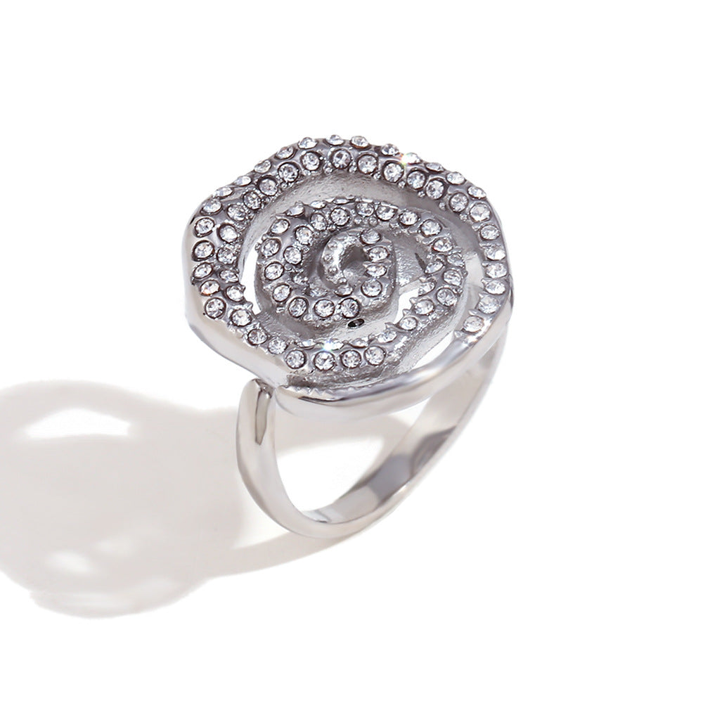 Minimalist Geometric Stainless Steel Ring with 18K Gold Plating, Swirl Knot and Daisy Accent for Women