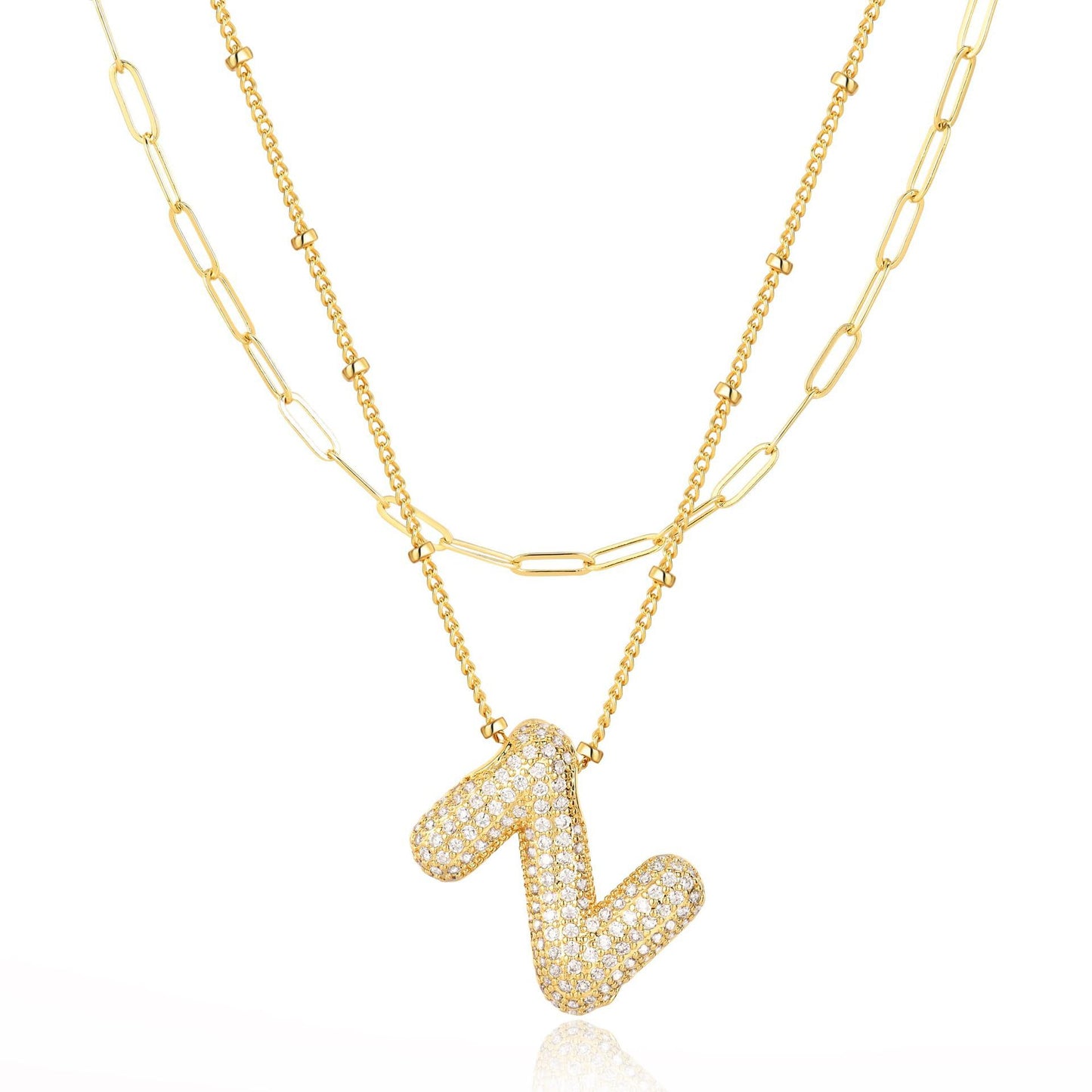 18K Gold Plated Brass Double Layer Letter Necklace Micro Pave Cubic Zirconia Serpentine Chain Women's Jewelry
