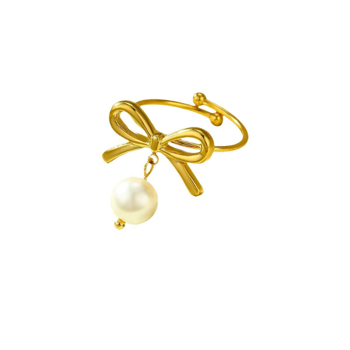 Anillo Minimalista de Acero de Titanio con Forma de Lazo para Mujer con Incrustaciones de Perlas y Acabado Chapado