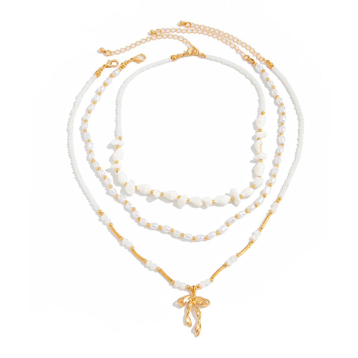 Bohemian Alloy Bow Pendant Pearl Beaded Choker Necklace for Women