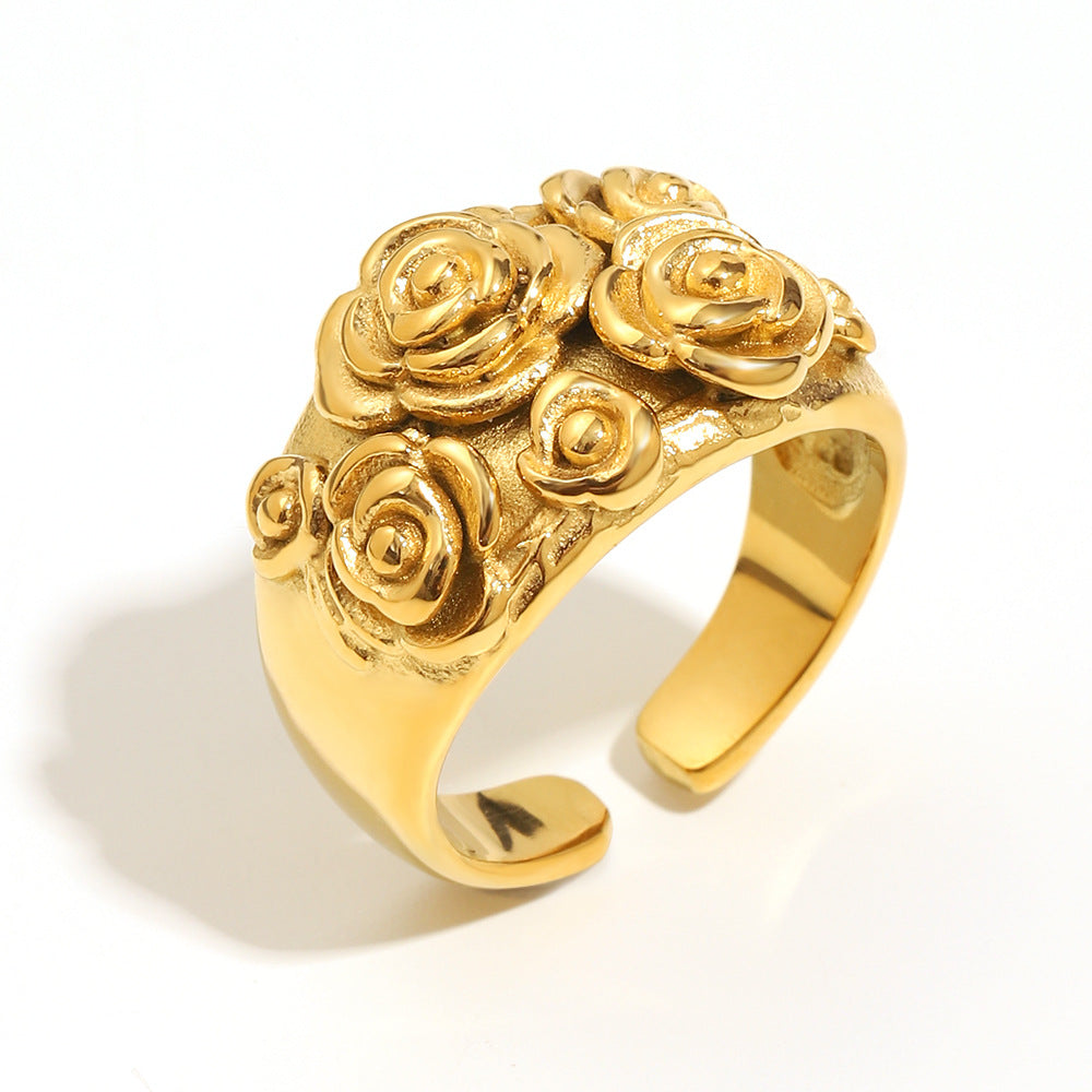 Anillo Abierto Floral de Estilo Francés Vintage de Acero Inoxidable con Baño de Oro de 18K para Mujer