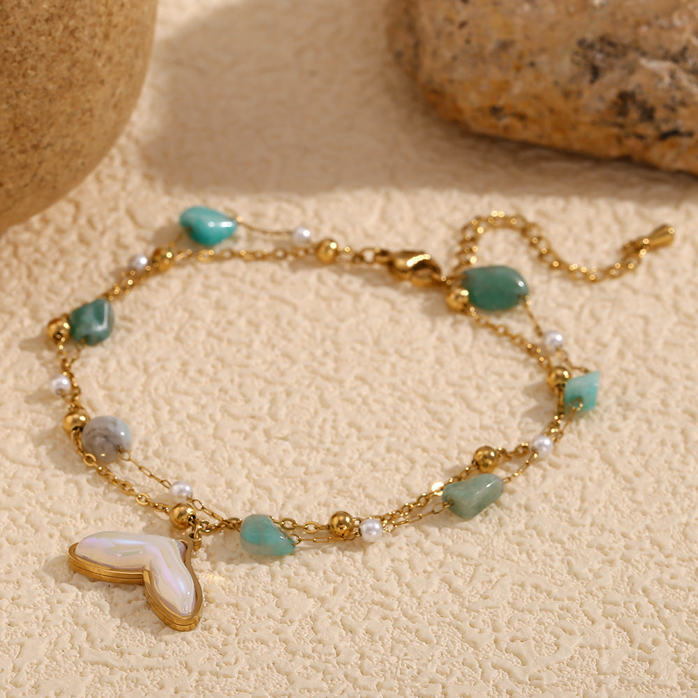Elegante Cavigliera Doppia Strato con Ciondolo a Coda di Pesce Geometrico in Acciaio Inossidabile, Placcatura in Oro 18K e Intarsio in Pietra Naturale