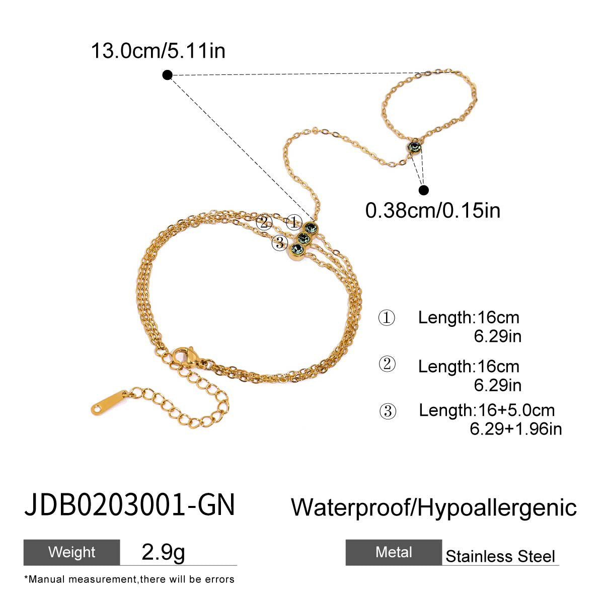 Elegant Geometric Stainless Steel Green Cubic Zirconia Link Ring Bracelet for Women