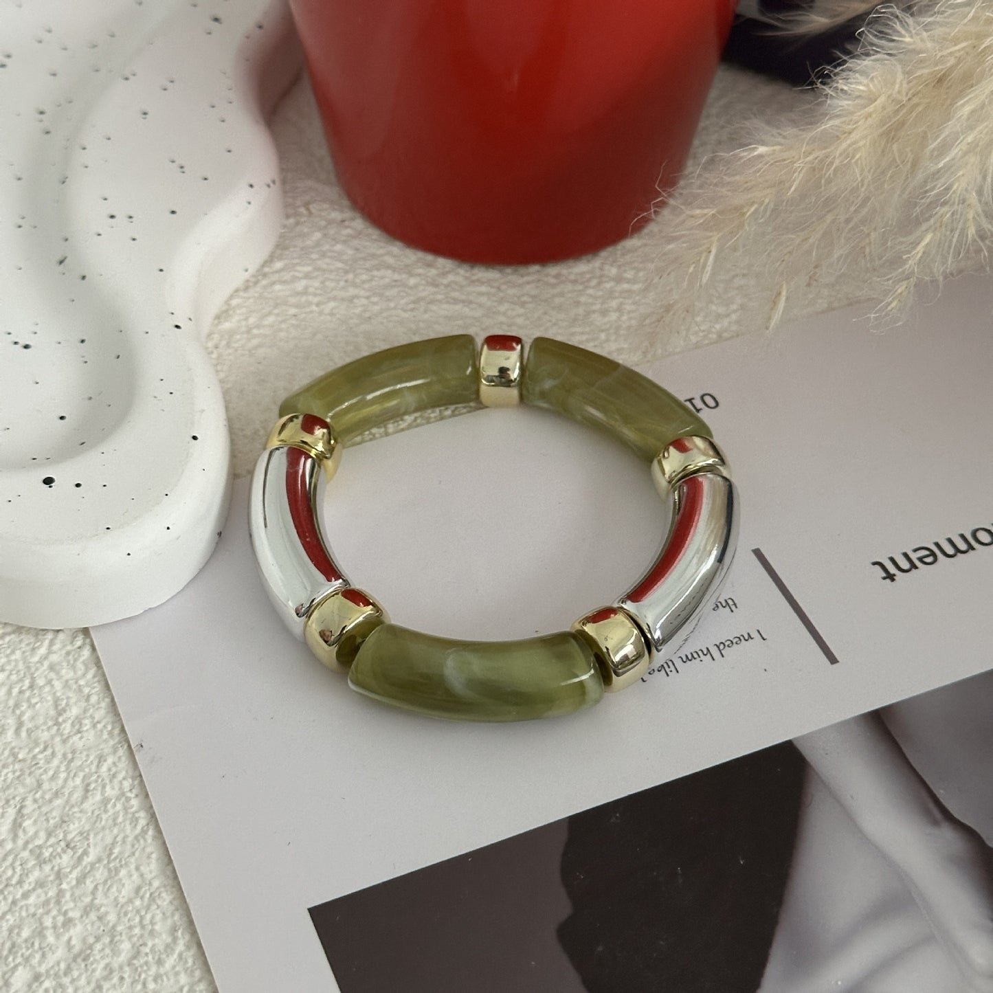 Minimalist Vintage Geometric Drip Oil Acrylic Bamboo Joint Cuff Bracelet Set