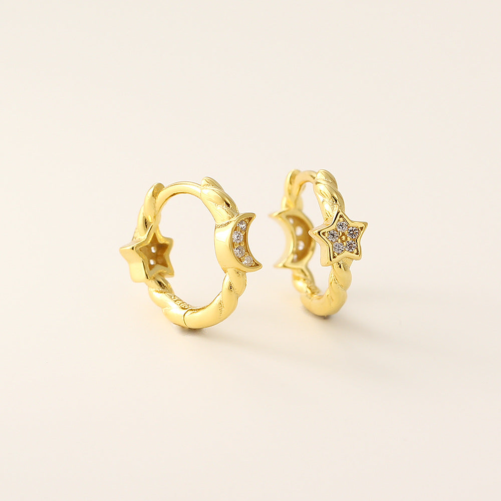 Dulces Pendientes de Aro Geométricos de Plata de Ley 925 con Diseño de Estrella y Luna y Diamantes para Mujer