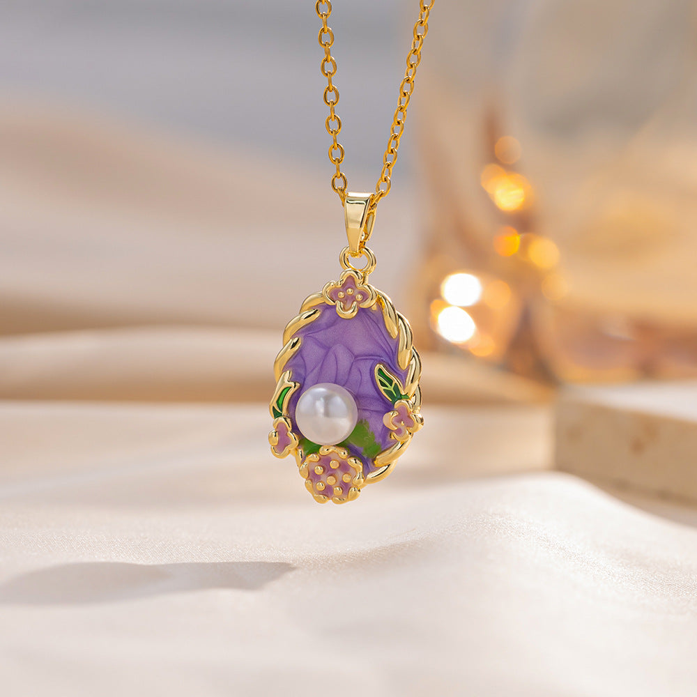 Elegant French Vintage Style Enamel Floral Pendant Necklace with Titanium Steel Chain and Camellia Design