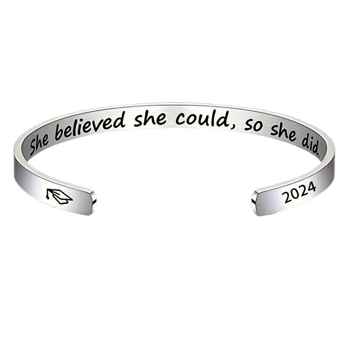 Adjustable C-Shaped Stainless Steel Engraved Bracelet with Inspirational Message, Minimalist Geometric Design