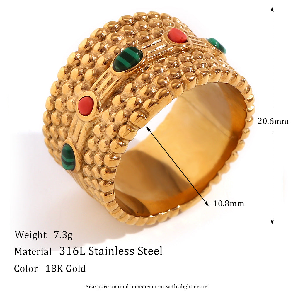 Bohemian Vintage Geometric Dot Pattern Ring for Women in Stainless Steel with 18K Gold Plating and Natural Stone Accent