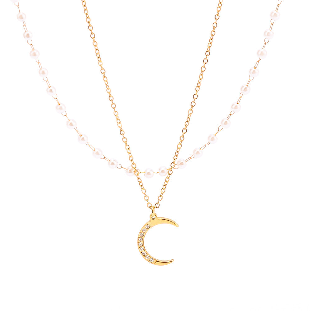 Minimalist Double-Layer O-Chain Pearl Moon Pendant Necklace for Women with Titanium Steel Pendant and 18K Vacuum Plated Finish