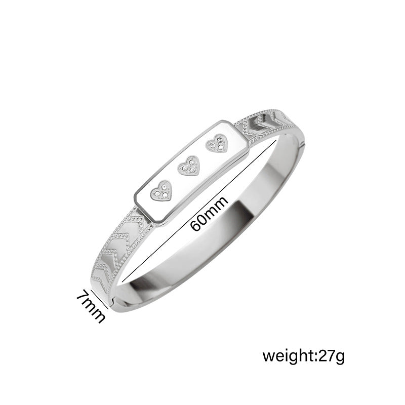 Bracciale minimalista in acciaio al titanio a forma di cuore con finitura smaltata e intarsio di strass, gioielli ipoallergenici in acciaio inossidabile lucidato