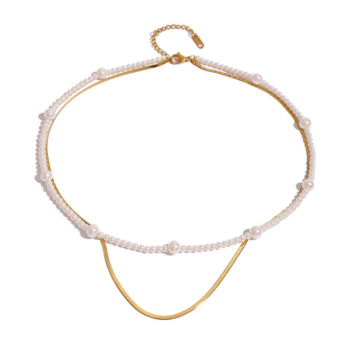 Collana a strati con perle, catena ondulata e design geometrico minimalista in acciaio inossidabile placcato, da donna