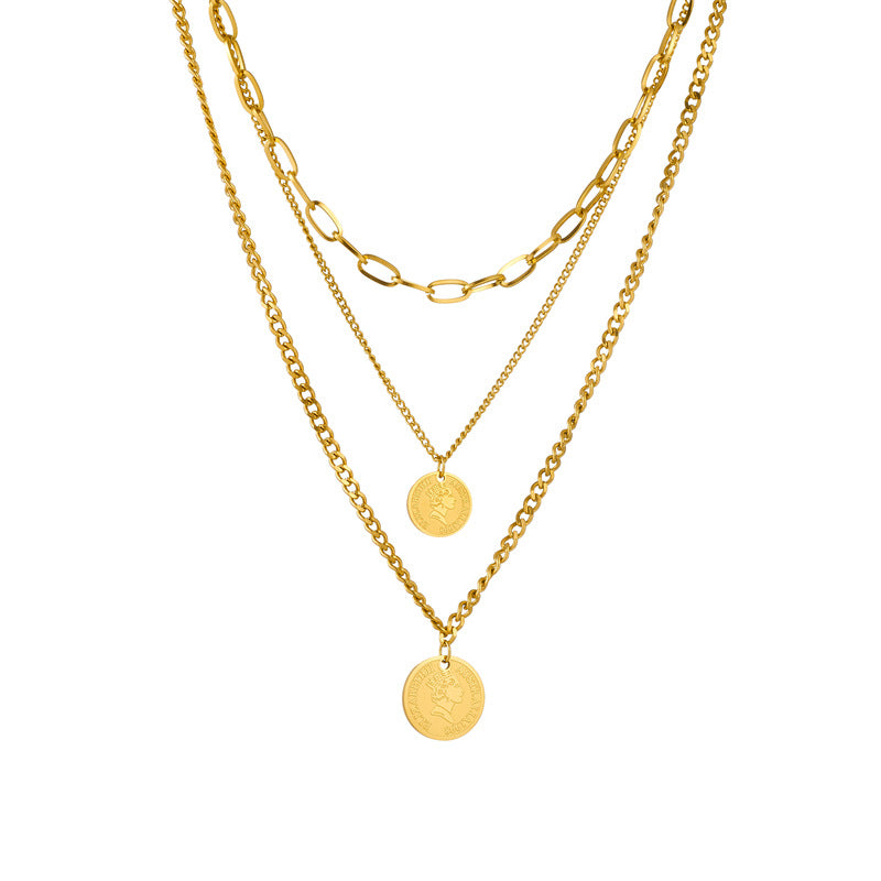 Collar de moda con colgante de moneda geométrica de acero de titanio y acabado chapado para mujer