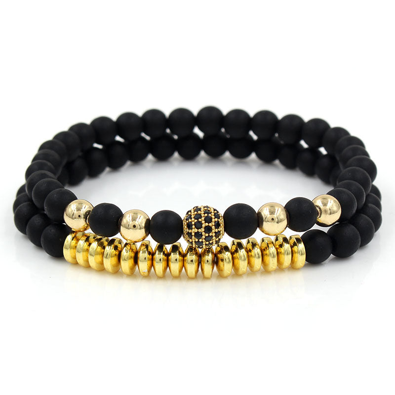 Geometric Round Matte Brass Bracelet Set with Micro-Set Rhinestones for Unisex
