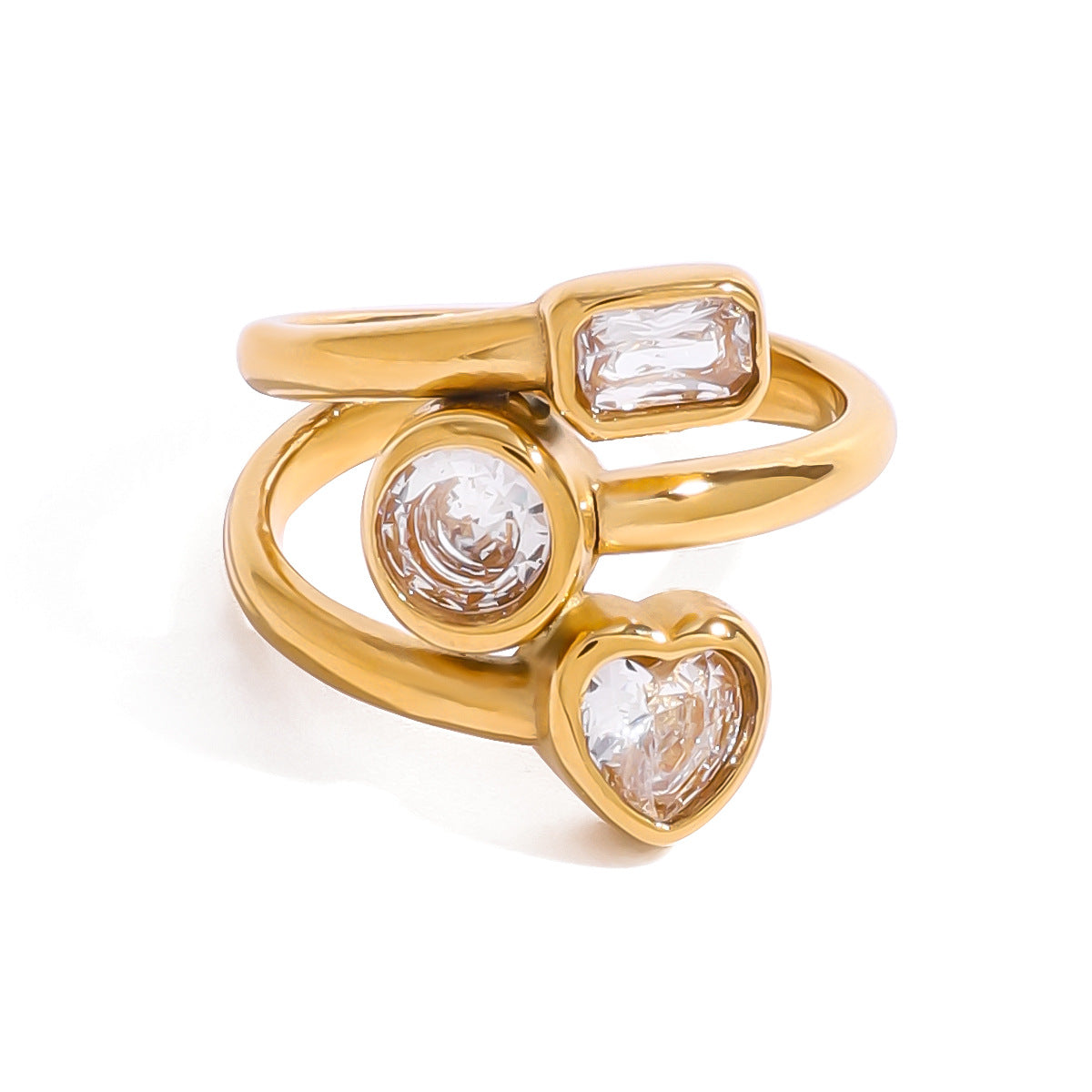 Fashionable Heart-Shaped Titanium Steel Ring with Zircon Inlay and Plated Finish for Women
