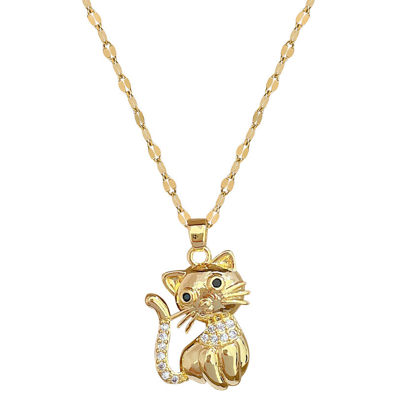 Collana Elegante di Lusso con Gatto Nero e Zirconi per Donne e Uomini, Girocollo con Ciondolo Geometrico in Acciaio al Titanio