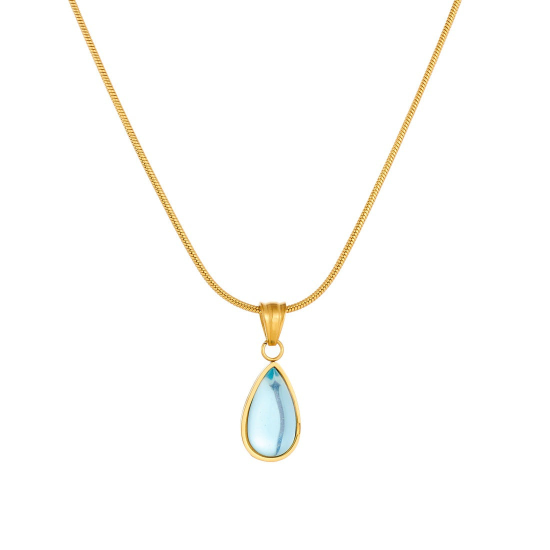 Blue Ocean Heart Teardrop Gold Plated Stainless Steel Necklace with Snake Chain for Women