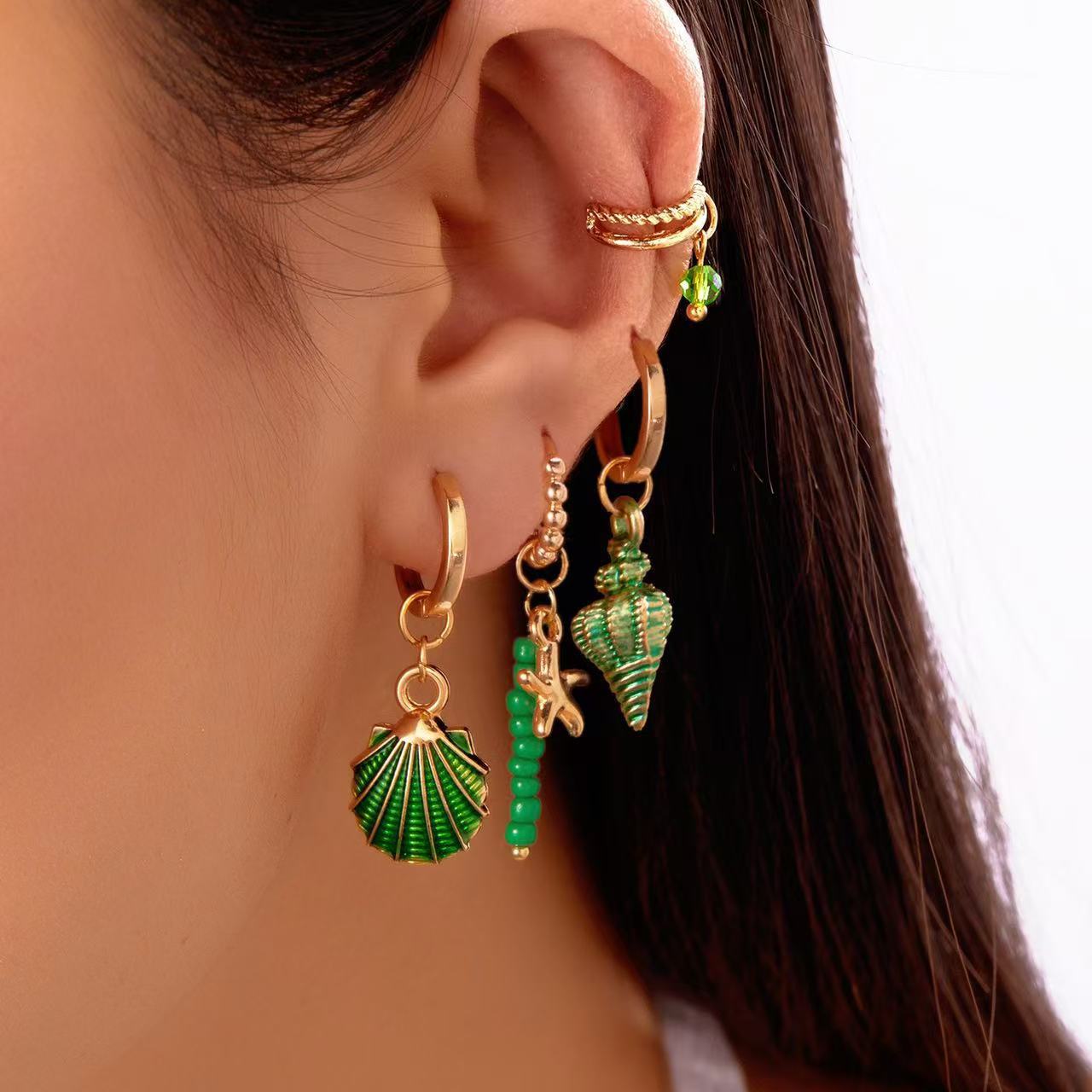 Casual Star Shaped Alloy Plated Shell Ear Cuff and Beaded Earring Set for Women