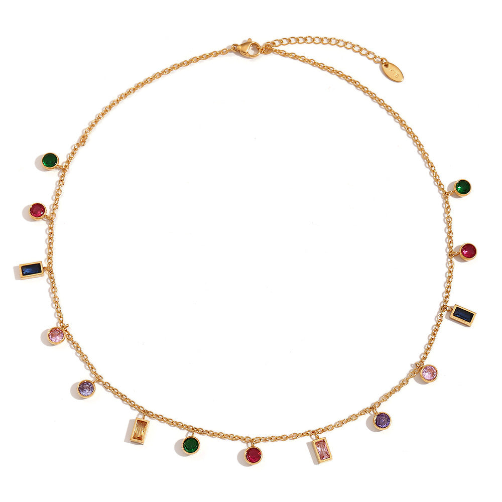 Minimalist Geometric Pendant Necklace in Stainless Steel with 18K Gold Plating Featuring Round and Rectangular Zircon Accents for Women